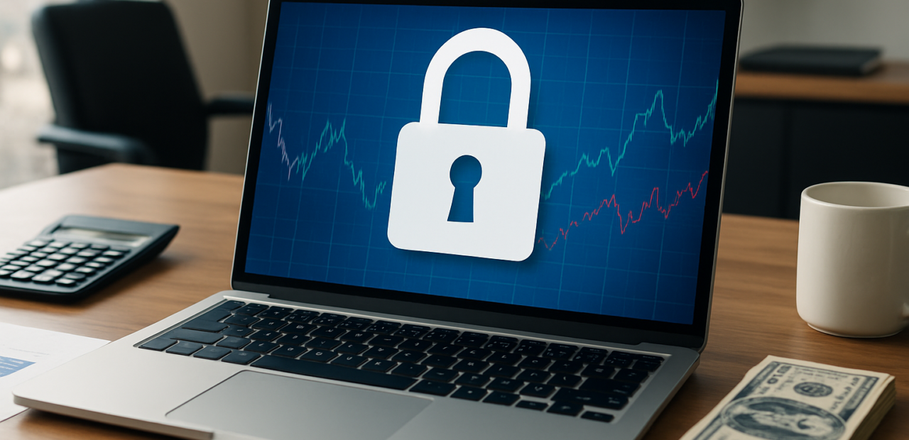 A laptop displaying a padlock symbol on a financial graph alongside a calculator and cash on a wooden desk.