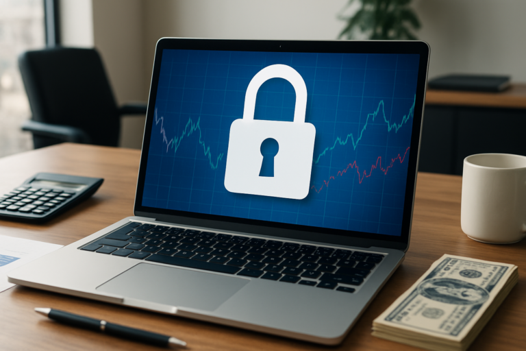 A laptop displaying a padlock symbol on a financial graph alongside a calculator and cash on a wooden desk.